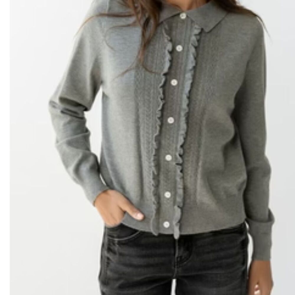 Bohme Rush Ruffle Trim Sweater Gray Knit Long Sleeve Whimsical Small S